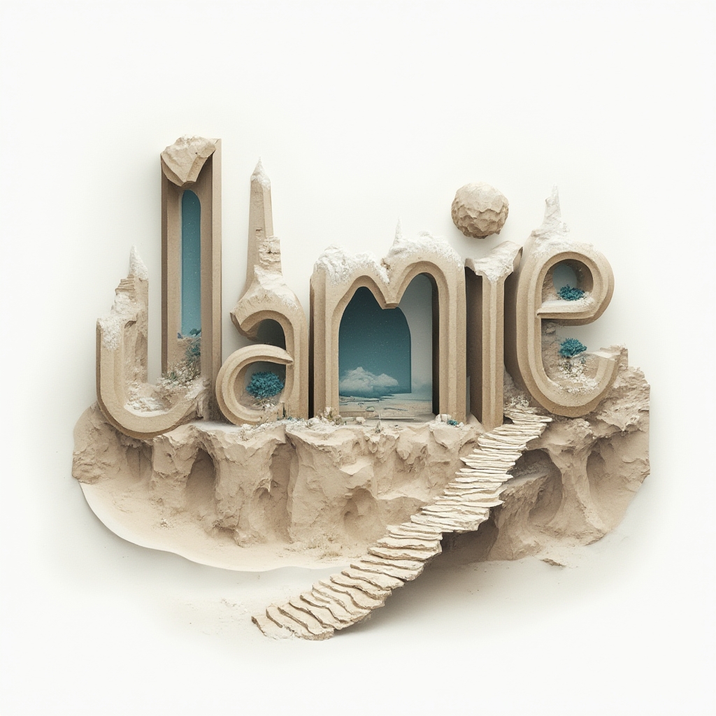 Surreal dreamscape tattoo concept where the letters of jamie form impossible structures on a white background.