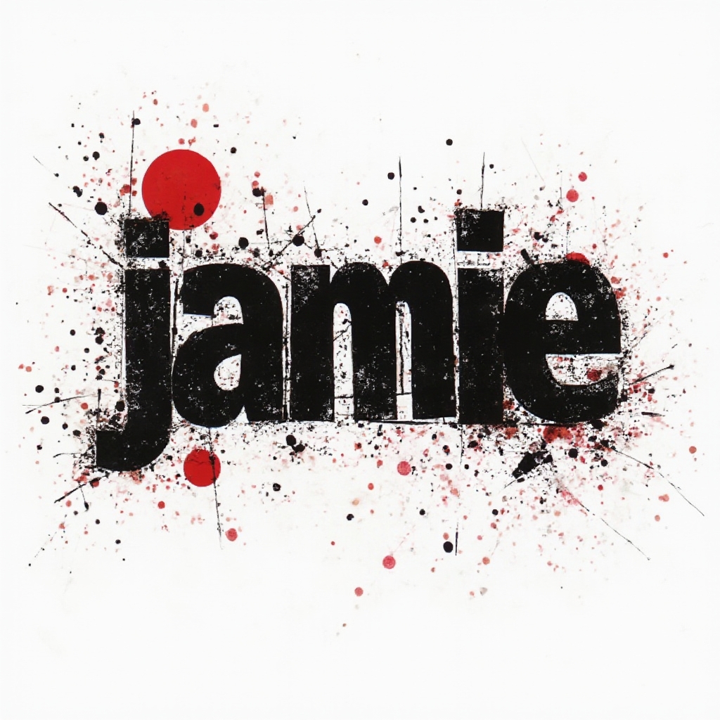 Trash Polka graphic tattoo concept spelling jamie with distressed letters, black strokes and red splashes on a white background.