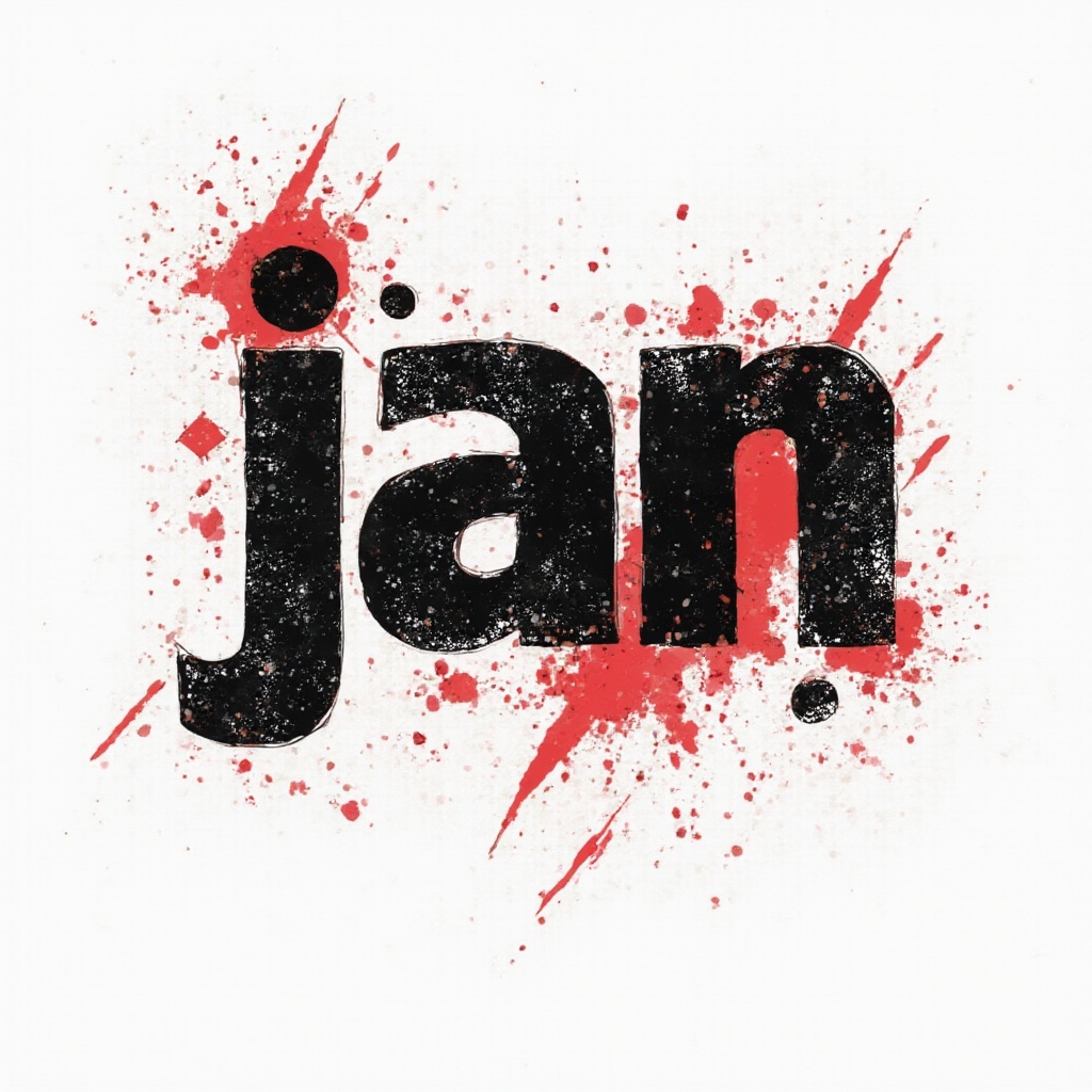 Trash Polka style tattoo concept where the name jan is made of distressed black letters with red splashes on a white background.