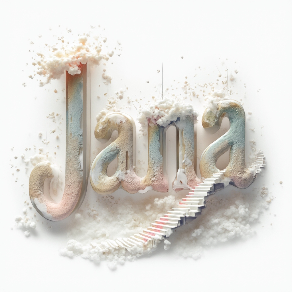 Surreal dreamlike structures forming the stylized letters of jana on a white background.