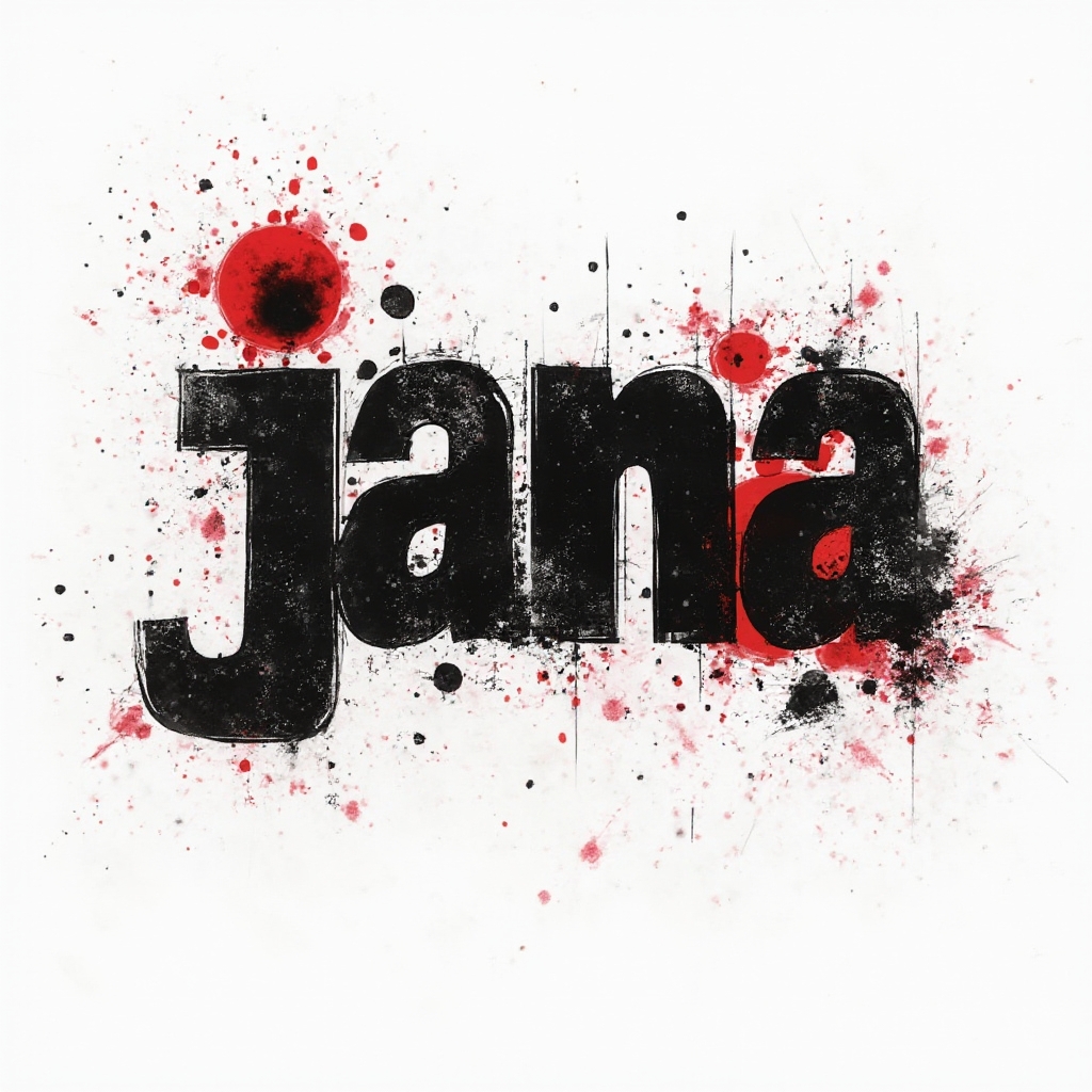 High-contrast black and red abstract shapes forming the stylized name jana on a white background.