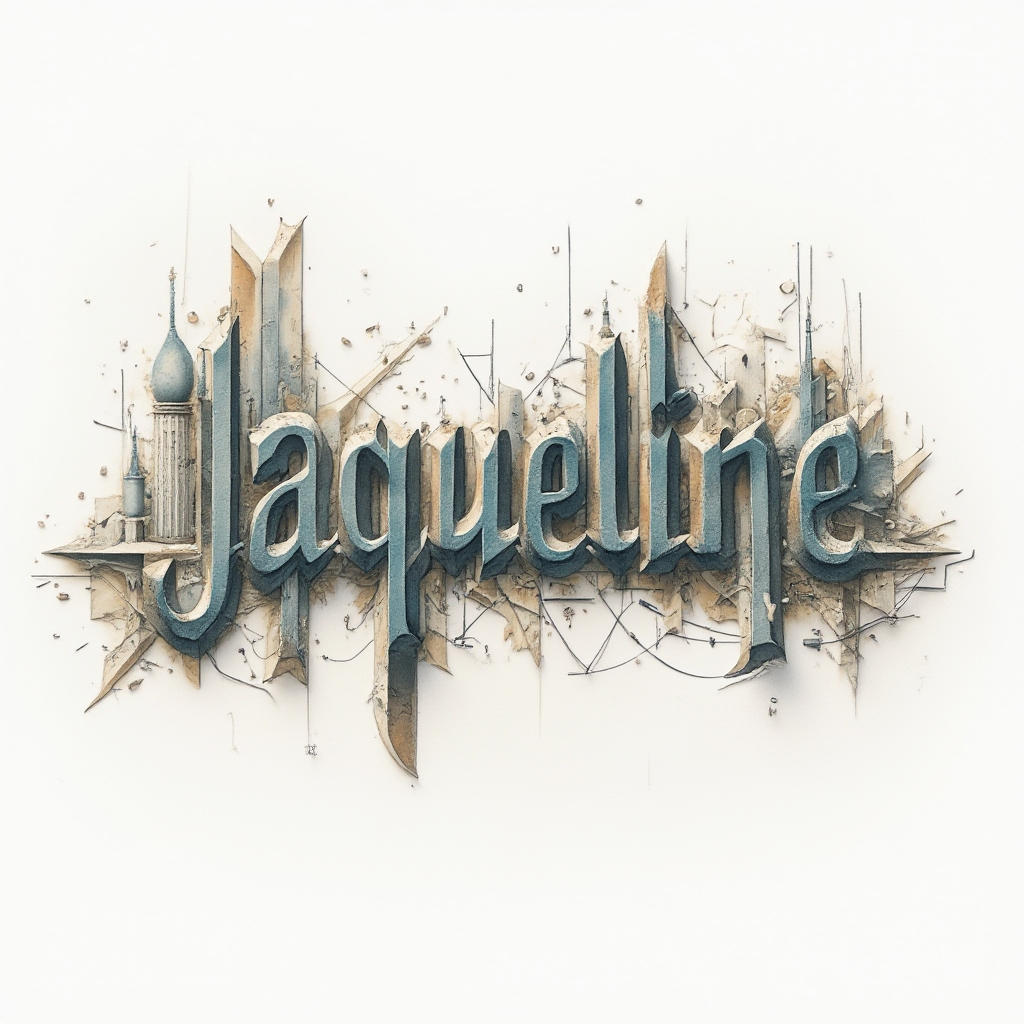Surrealism tattoo concept of the name jaqueline with warped abstract letters on a white background.