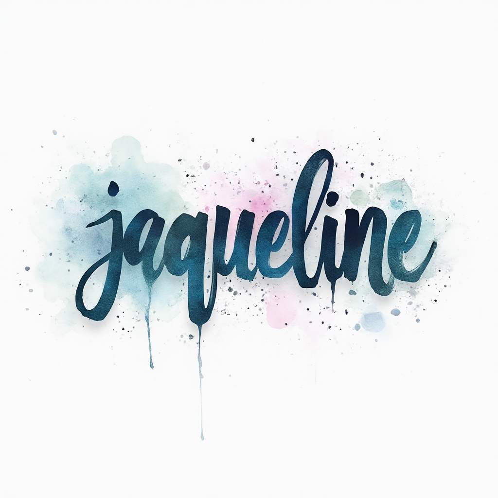 Watercolor tattoo concept of the name jaqueline in colorful flowing ink on a white background.
