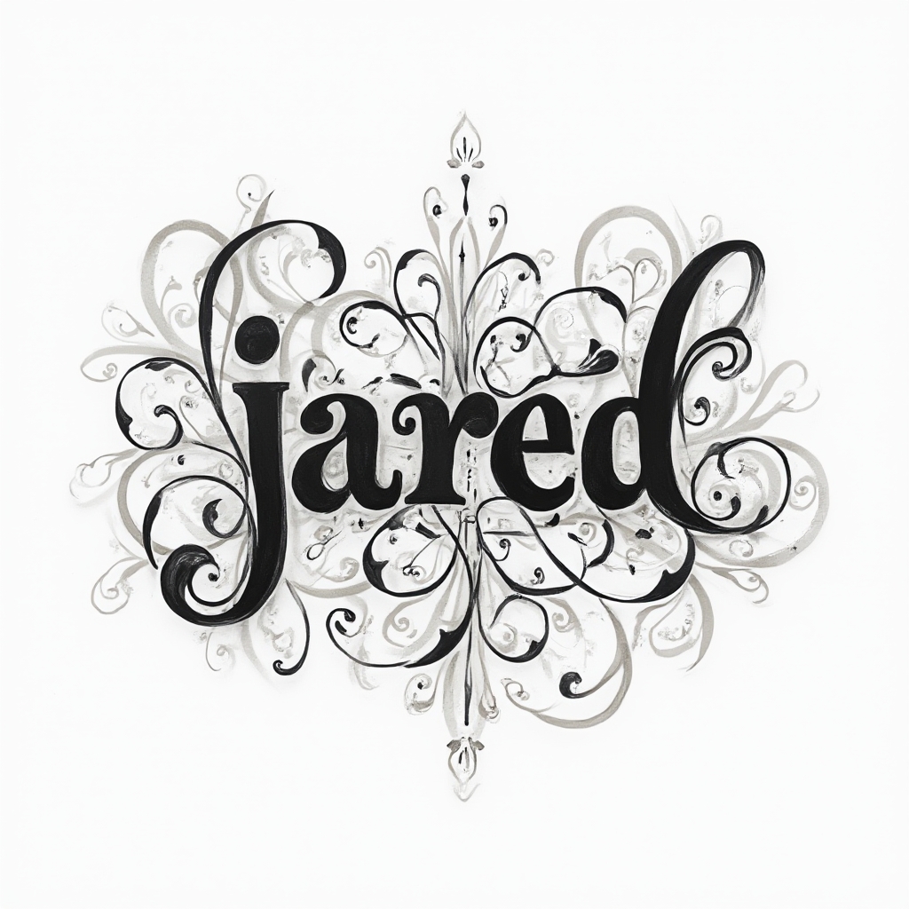Ornamental black and gray tattoo emblem where filigree curves imply the name Jared on a white background.