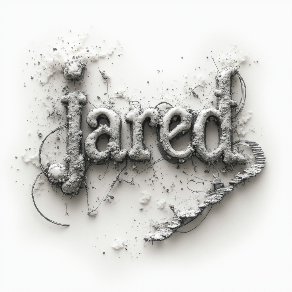 Surreal tattoo design where abstract dreamlike objects form the name Jared on a white background.