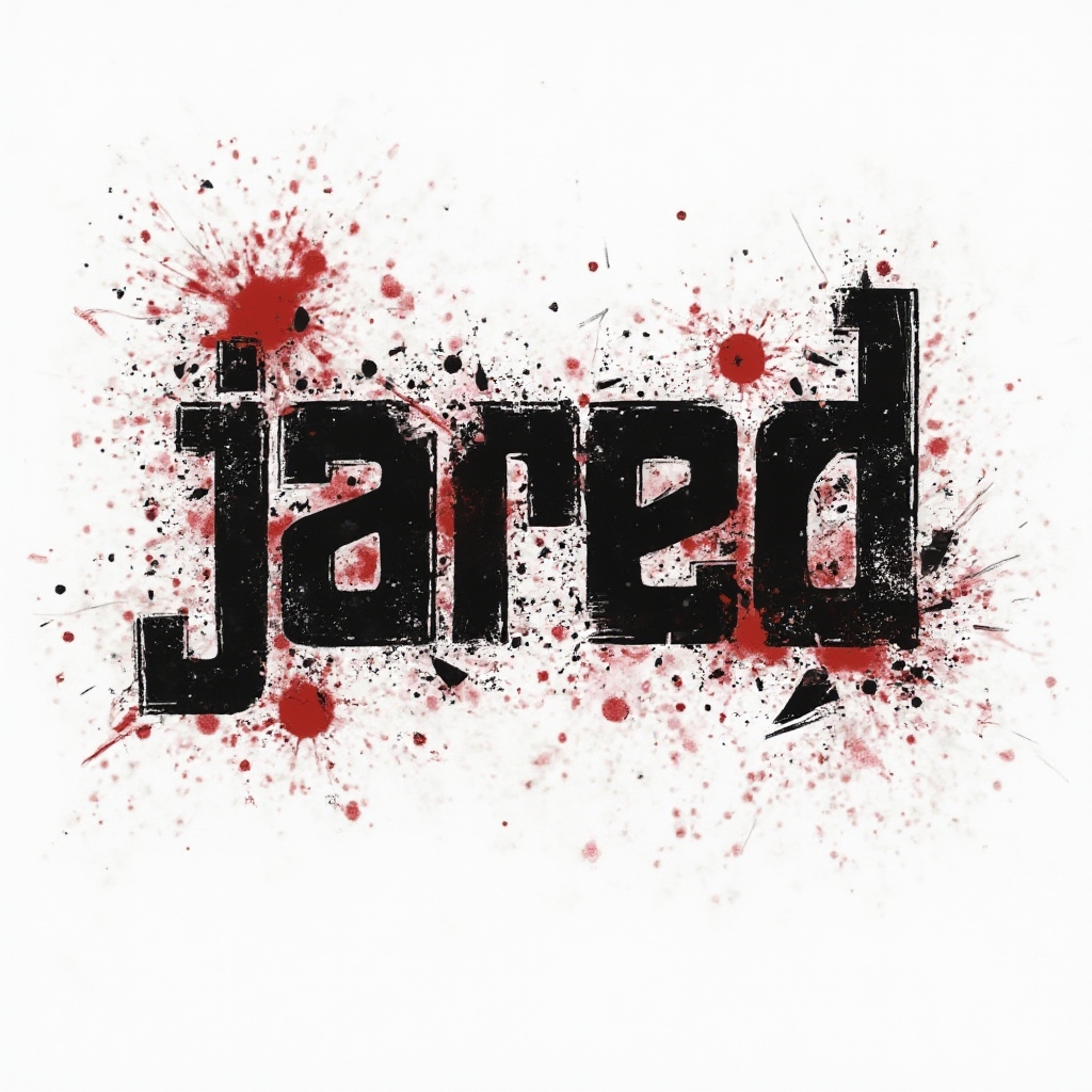 Trash Polka tattoo concept with black and red abstract shapes forming the name Jared on a white background.