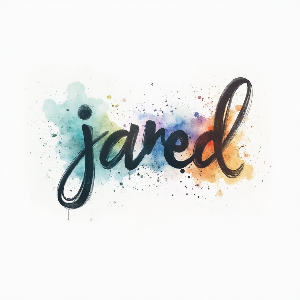 Watercolor tattoo concept of the name Jared formed by colorful brushstroke shapes on a white background.