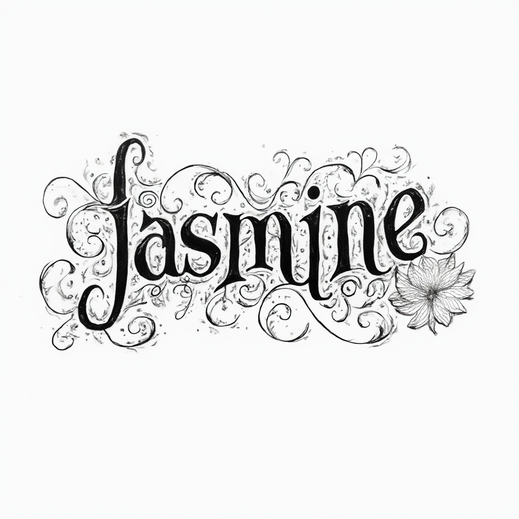 Ornamental line art tattoo concept of the name jasmine with flowing flourishes on a white background.