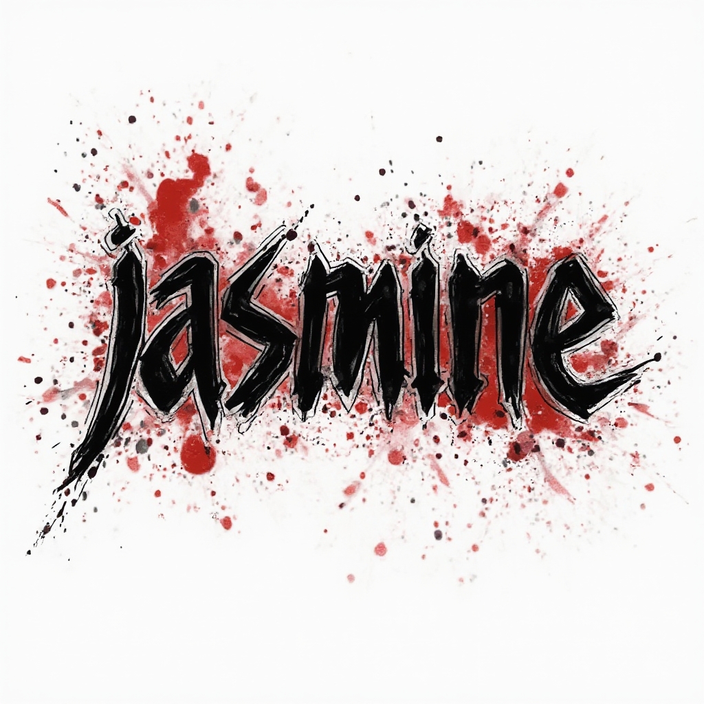 Trash Polka tattoo concept of the name jasmine in bold black lettering with red splashes and abstract textures on a white background.