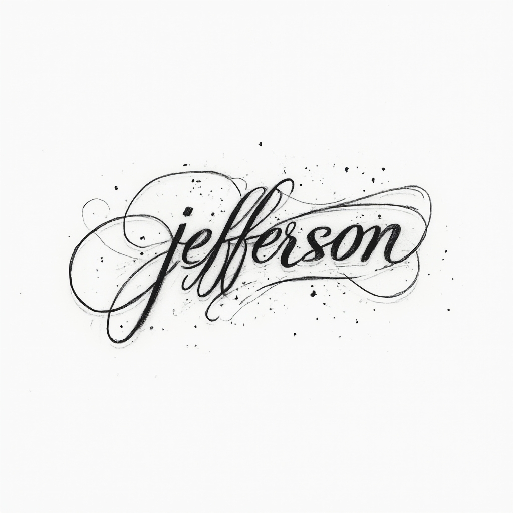 minimal abstract monoline tattoo-style design of the name jefferson as one continuous flowing line on white background