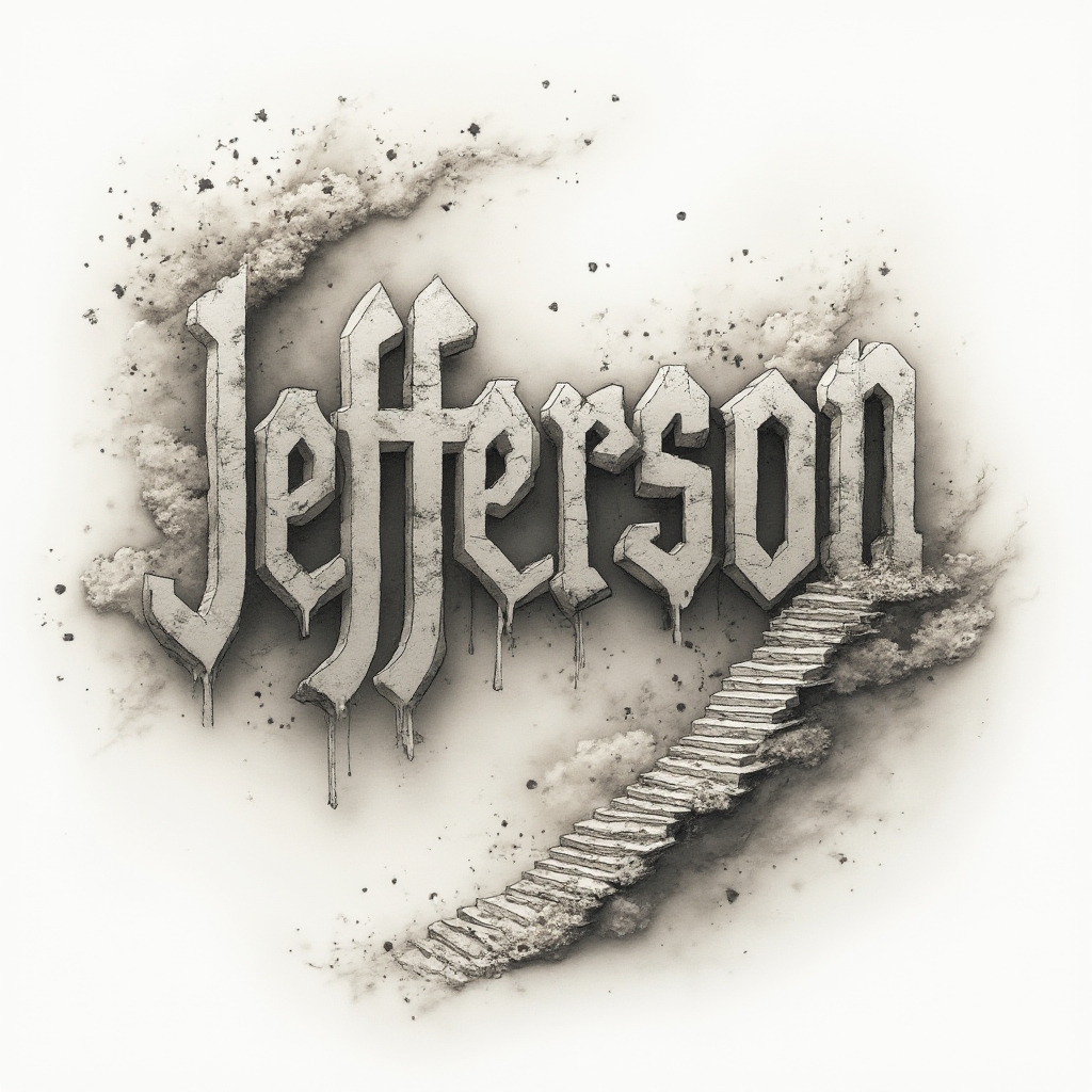 surreal dreamlike tattoo-style lettering of the name jefferson morphing into impossible architectural shapes on white background