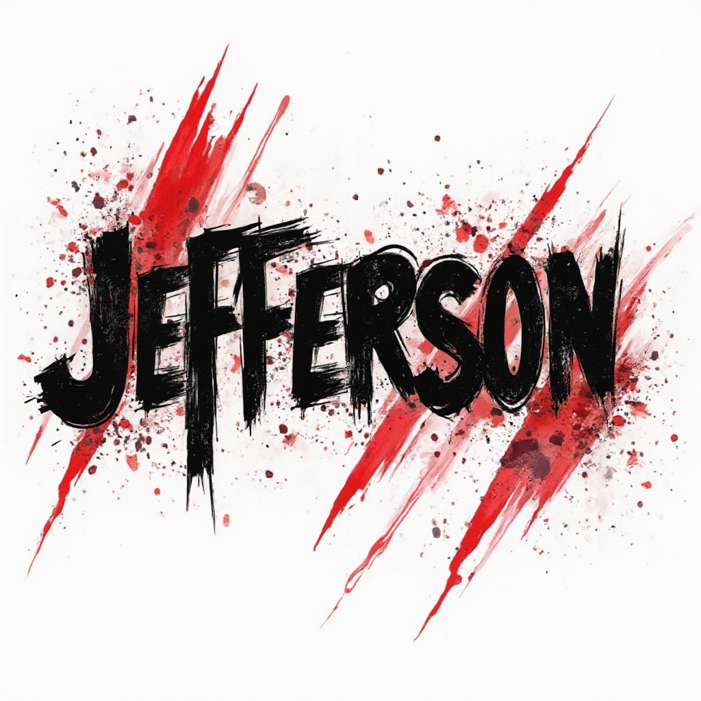 trash polka tattoo-style design of the name jefferson in fractured black and red graphic lettering on white background
