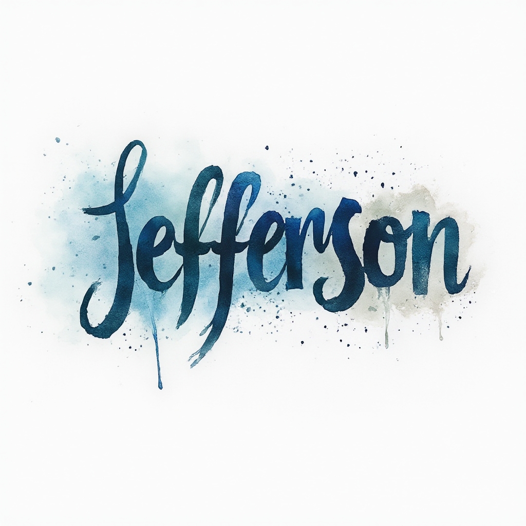 watercolor tattoo-style design of the name jefferson in fluid colorful brushstroke lettering on white background