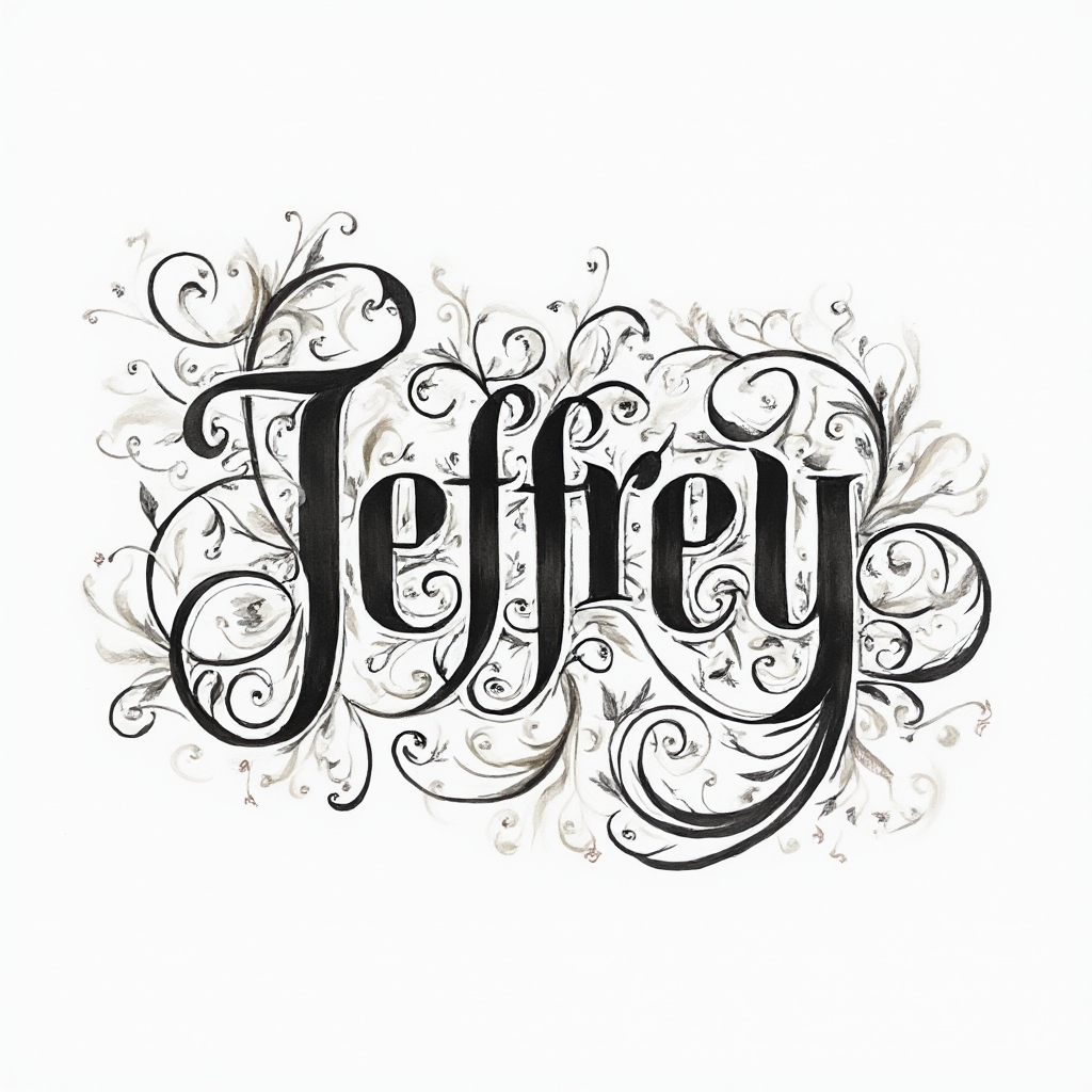 Intricate flowing ornamental lettering forming the name jeffrey on a white background.