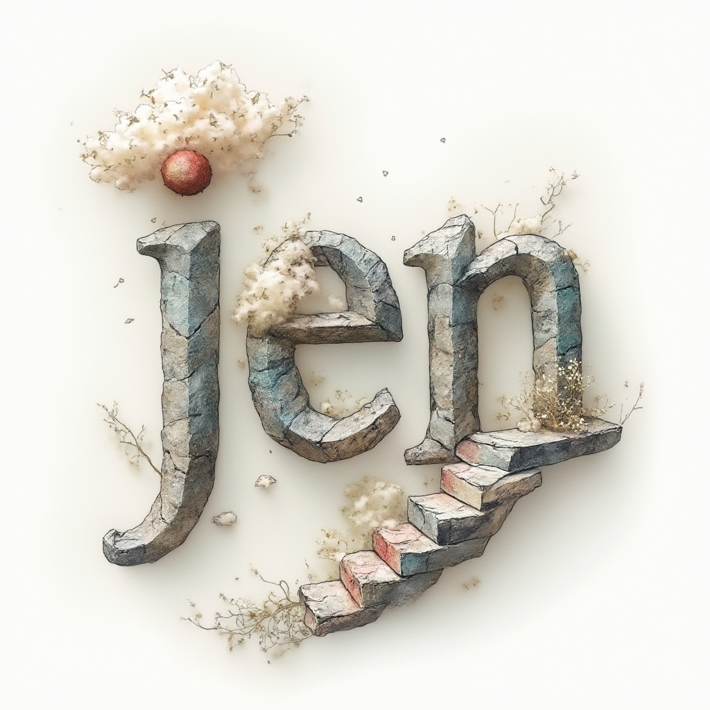 Surreal tattoo flash where architectural and dreamlike shapes form the letters jen on a white background.