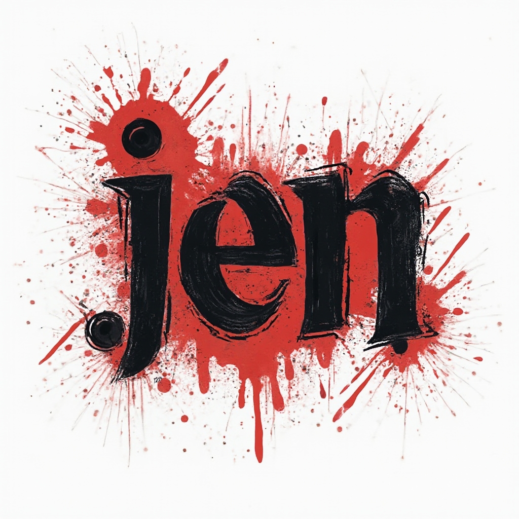 Trash Polka tattoo flash design with the name jen in distressed black lettering and bold red splashes on white.