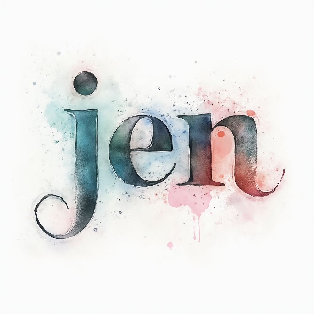 Watercolor tattoo flash design where the name jen is formed by flowing blended watercolor lettering on a white background.