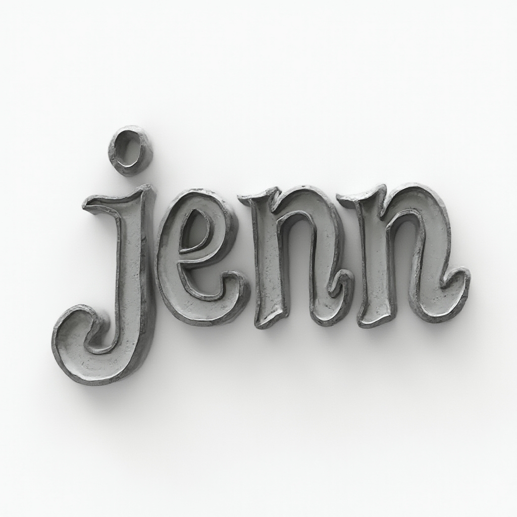 Dimensional monochrome tattoo concept where the name jenn appears as carved 3D lettering floating above a white background
