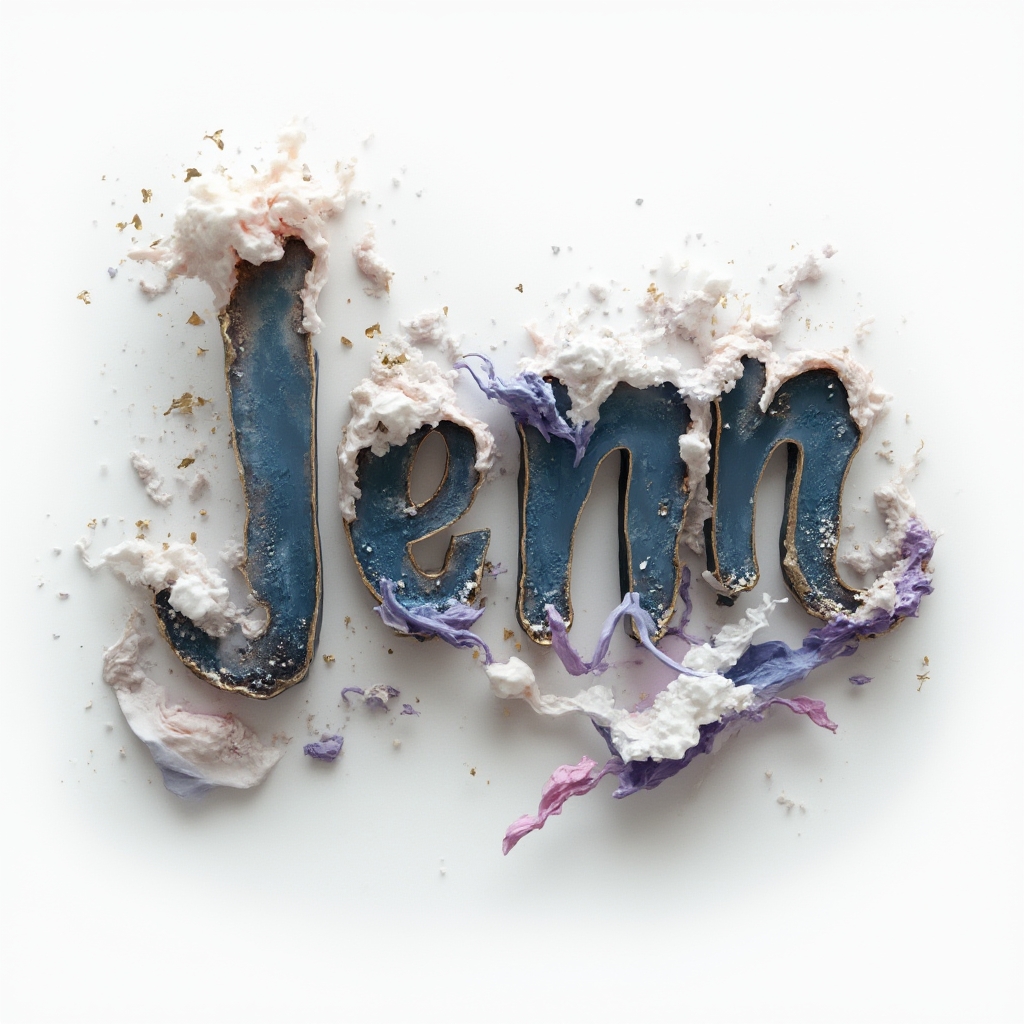 Surrealist dreamscape tattoo concept where the name jenn is formed from melting shapes and floating fragments on a white background