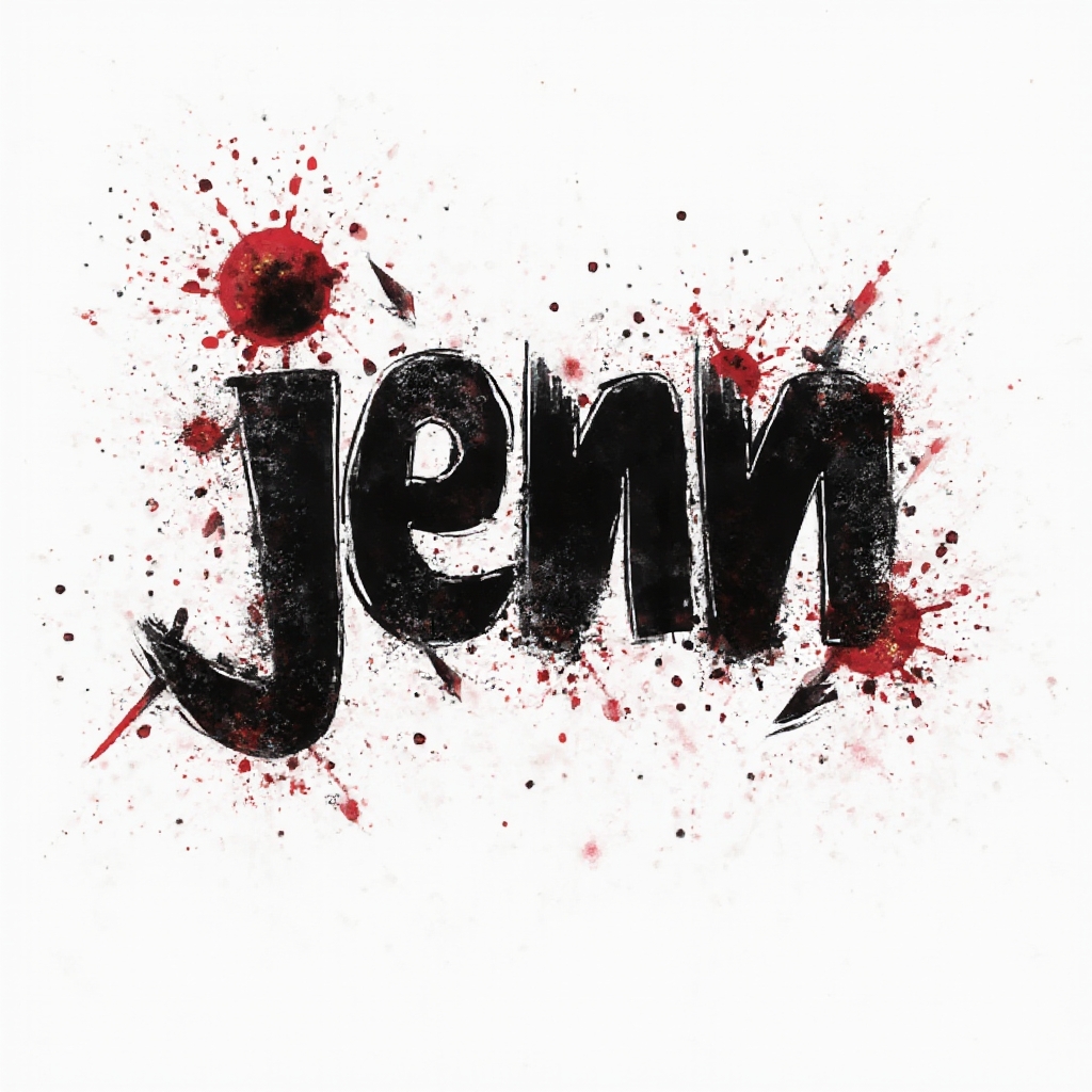 Trash Polka tattoo concept where the name jenn is built from bold black lettering, red splashes, and grunge textures on a white background