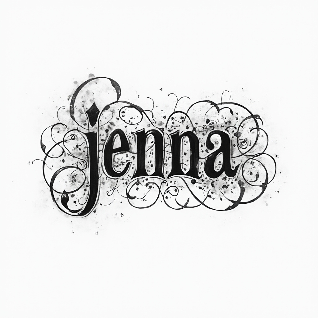 Ornamental linework tattoo concept forming the name jenna from intricate interlocking curves on white.