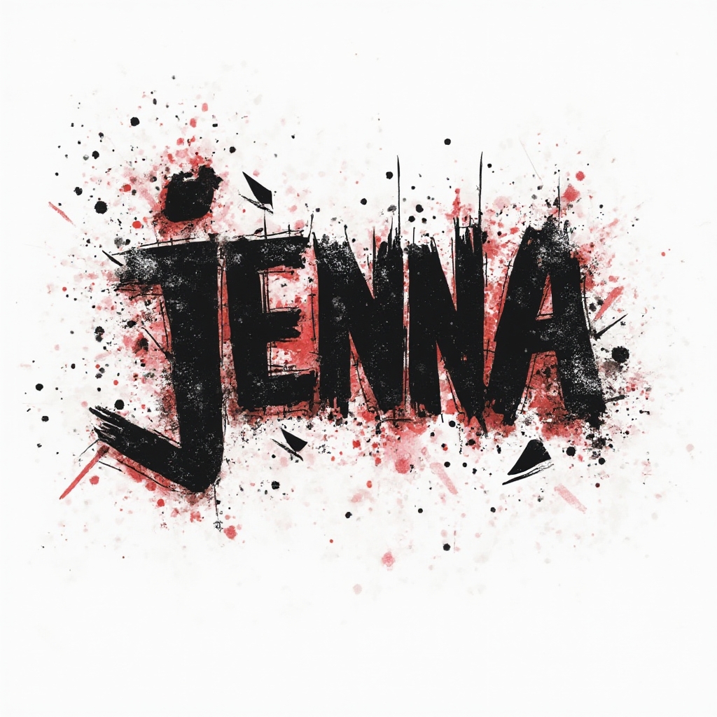 Trash Polka tattoo concept with the name jenna formed from distressed black and red shapes and splatters on white.