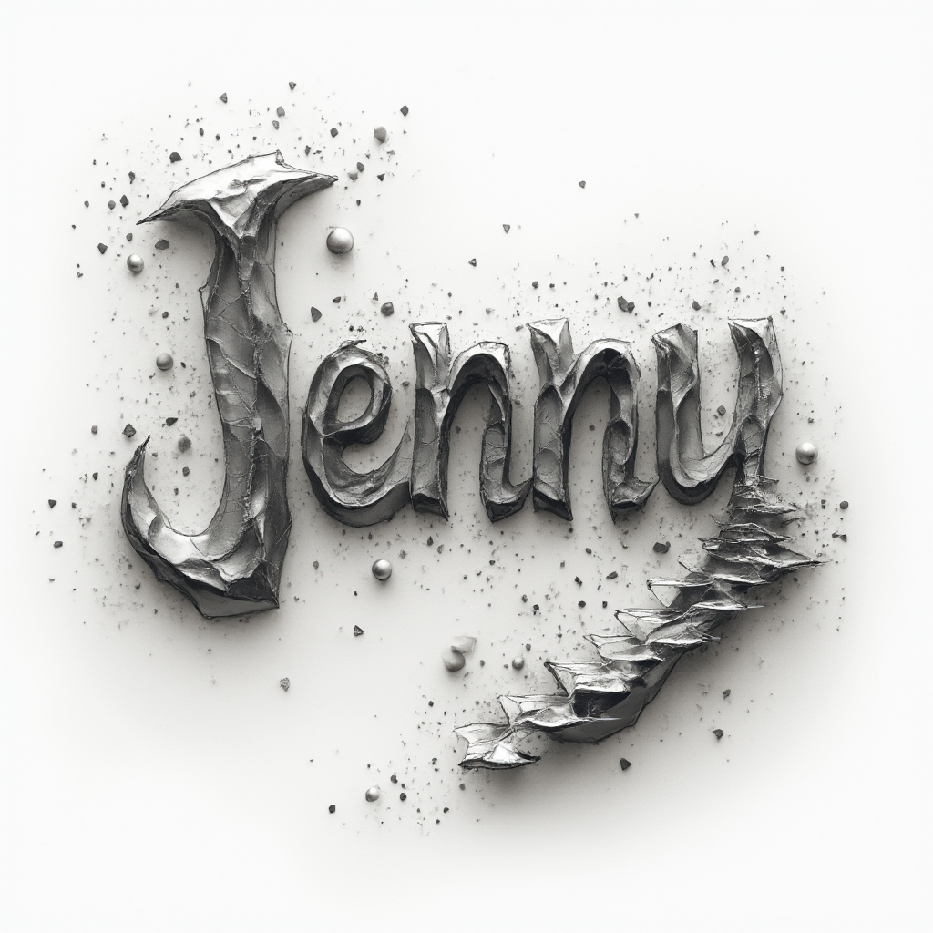 surreal liquid-metal lettering tattoo design spelling jenny on white background