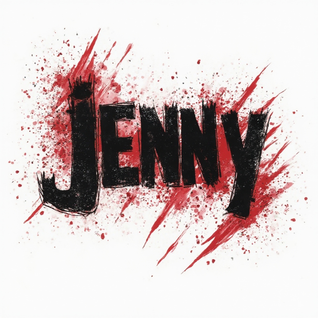 trash polka style red and black grunge tattoo design with the name jenny on white background