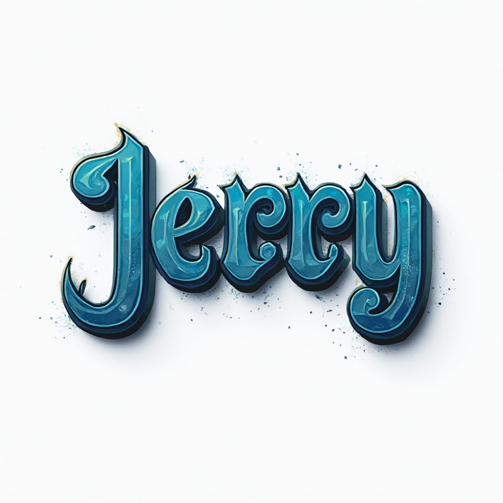 Bold chromatic emblem-like tattoo concept where the name jerry is turned into intertwined glowing glyph letters on a white background.
