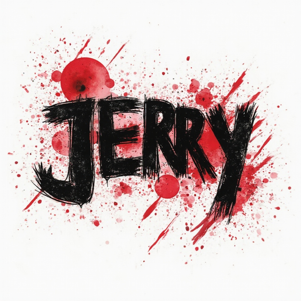 Trash Polka tattoo design where the stylized name jerry is fragmented within bold black and red graphic elements on a white background.