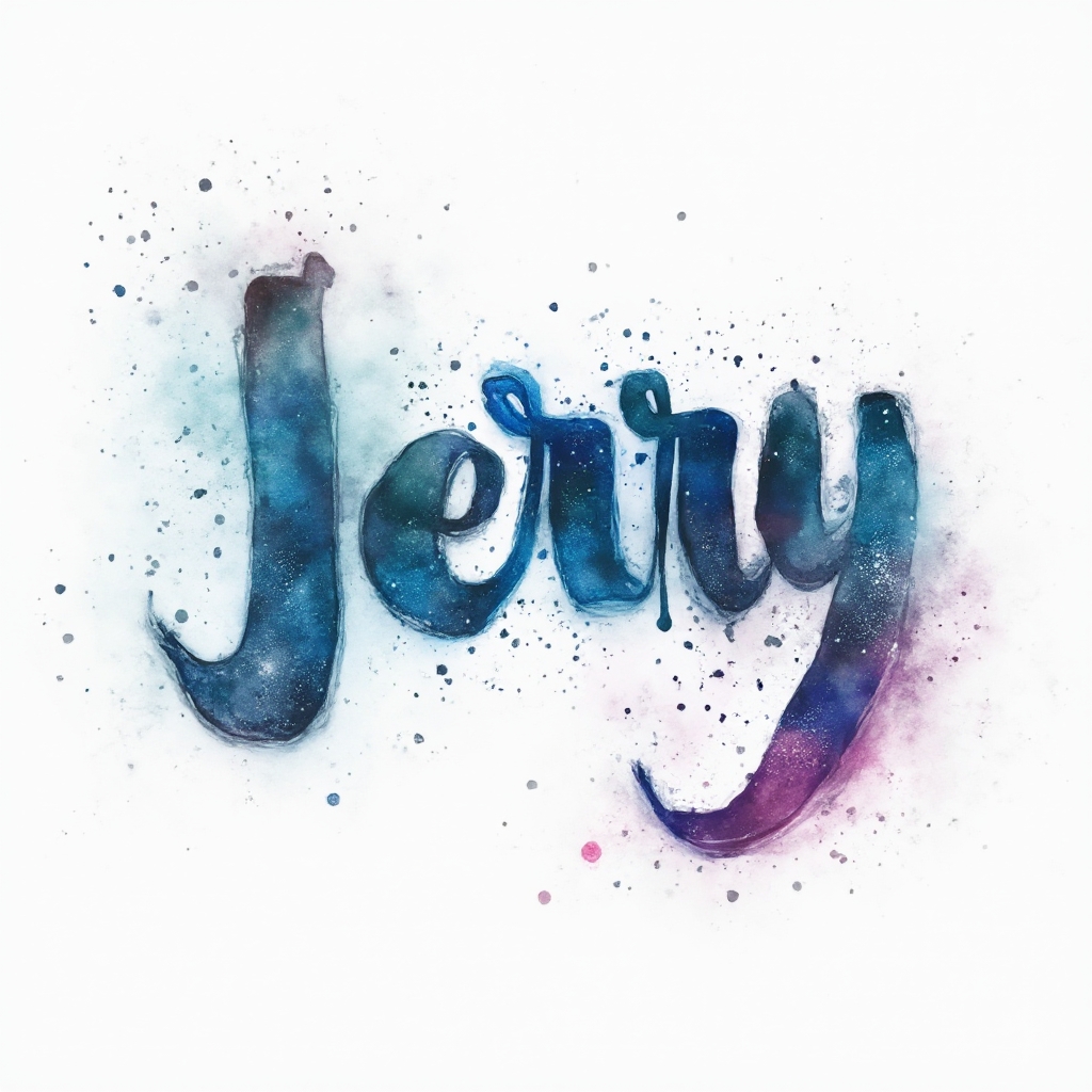 Watercolor galaxy-style tattoo concept with the name jerry painted in flowing colorful calligraphy on a white background.