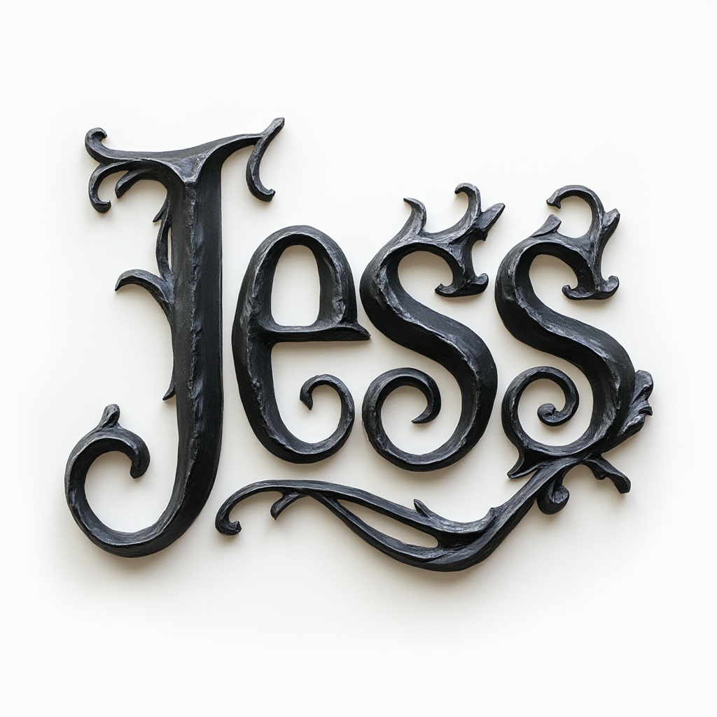 Abstract sculpted lettering tattoo concept where the name jess appears as interlocking three-dimensional forms on a white background