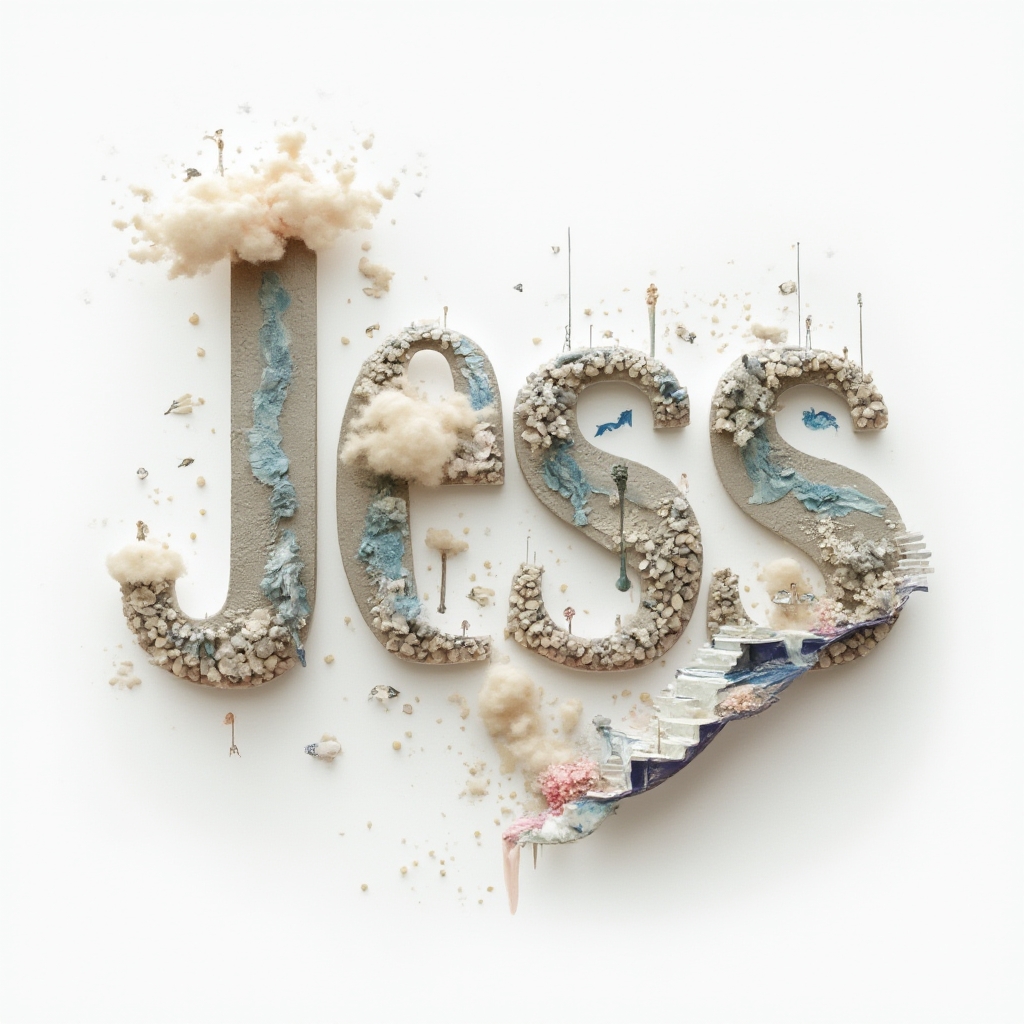 Surreal tattoo concept where the name jess is formed from dreamlike architectural and floating shapes on a white background