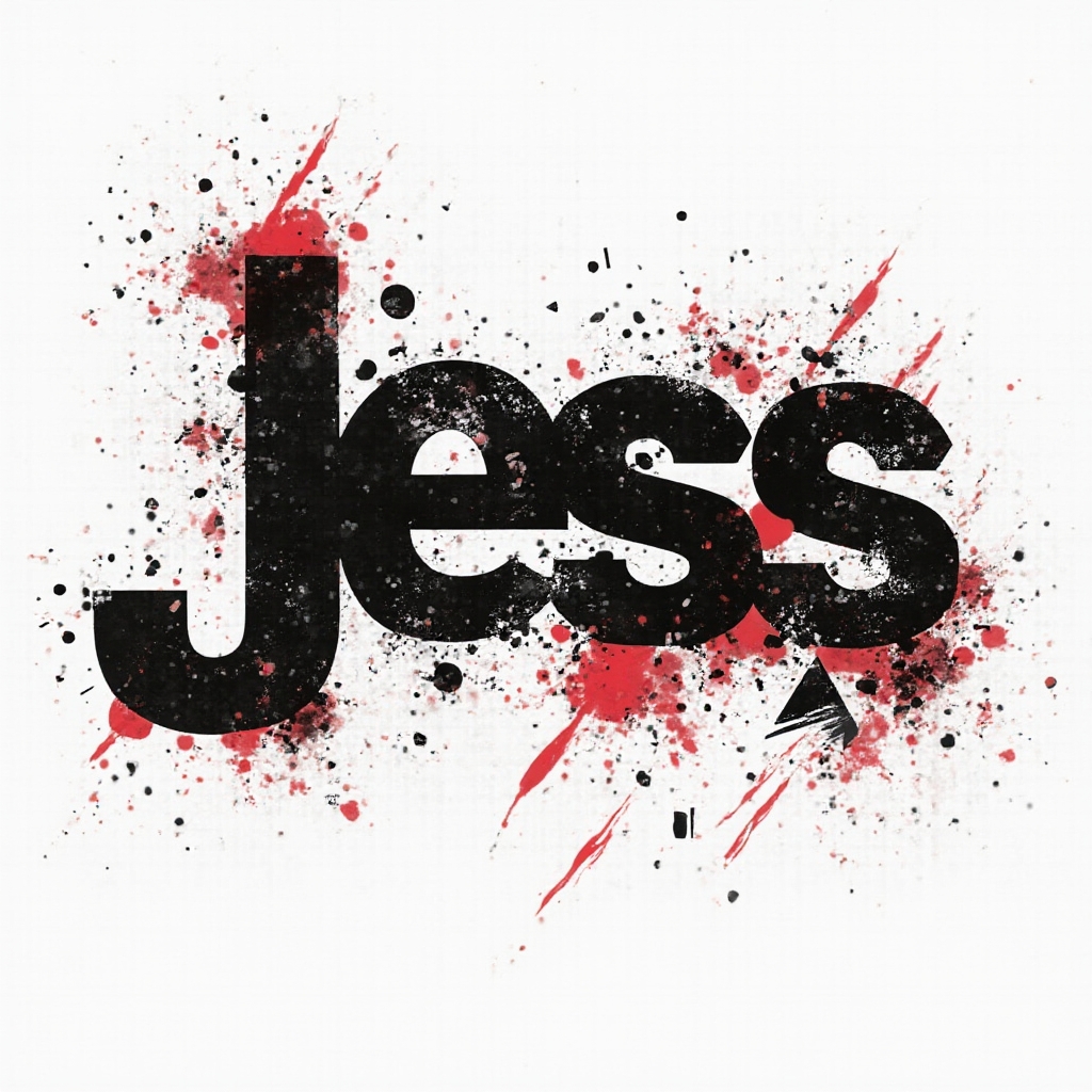 Trash Polka tattoo concept where the name jess is created from distressed black and red lettering fragments on a white background