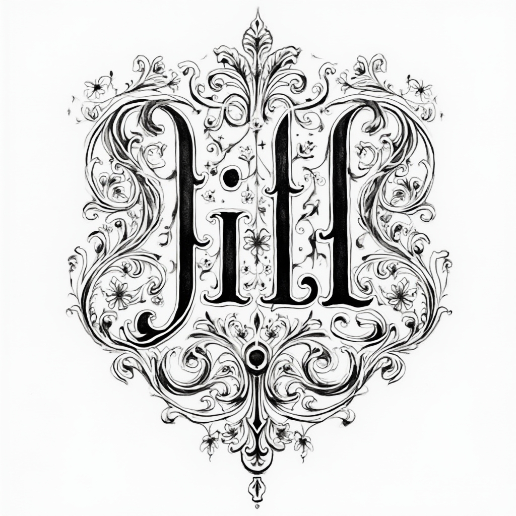 Ornate emblem-style tattoo design where the name jill is formed by intertwined decorative lettering and filigree on a white background.