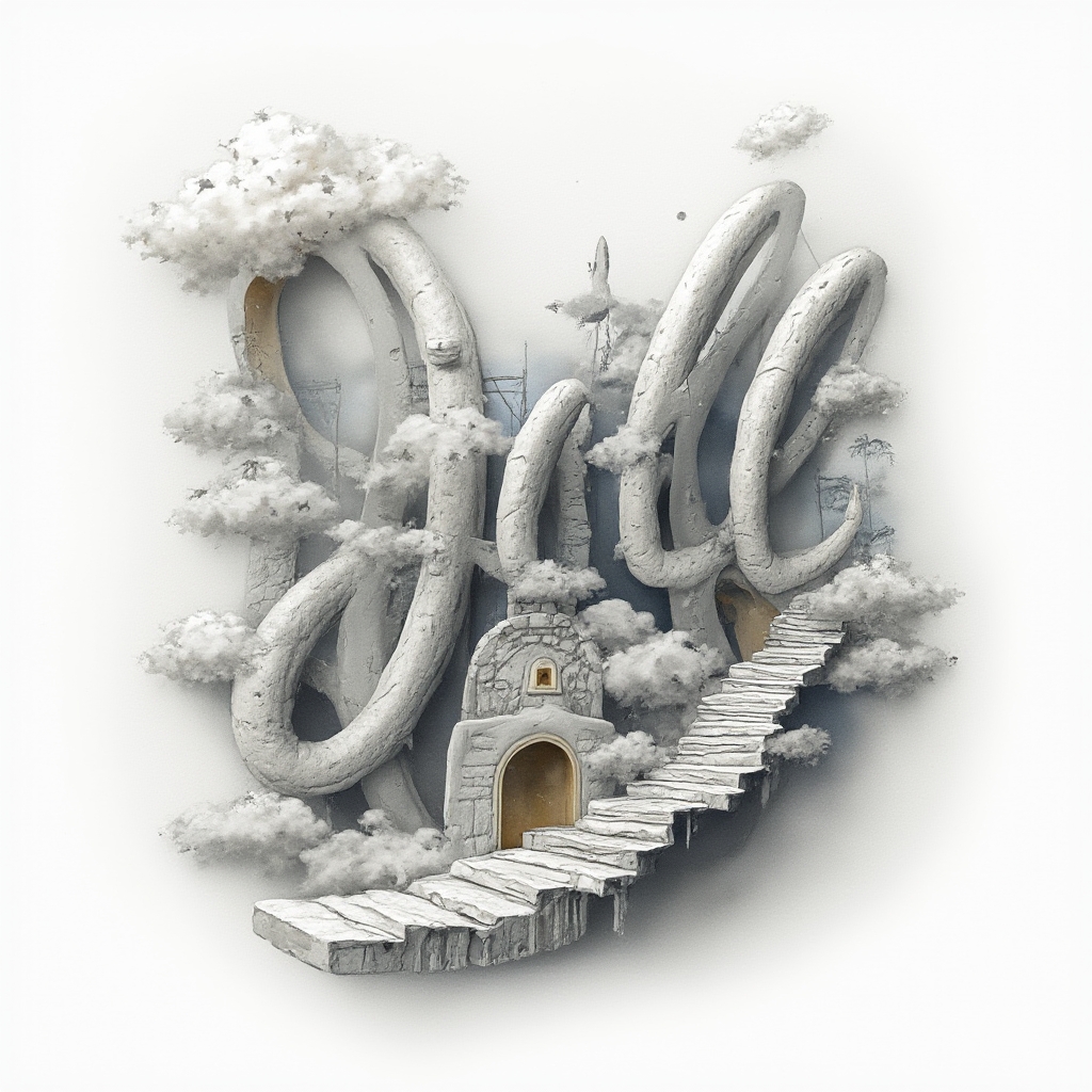 Surreal tattoo concept where the name jill transforms into a dreamlike landscape of arches, stairs, and celestial elements on a white background.