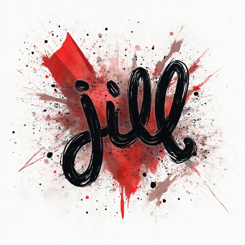 Trash Polka tattoo design where the name jill appears in bold black script with red geometric shapes and splatters on a white background.