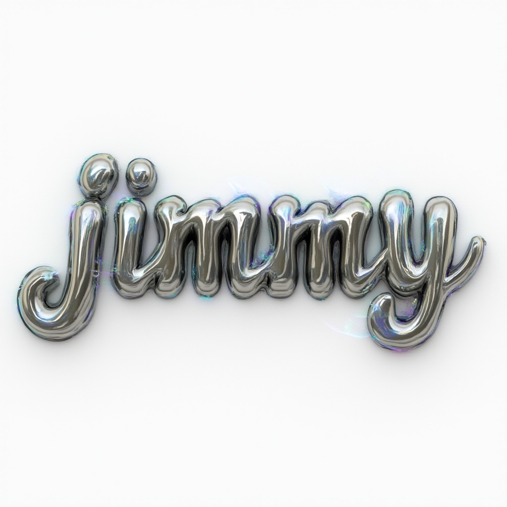 Dimensional metallic-style tattoo concept where the name jimmy appears as polished chrome 3D letters on a white background.