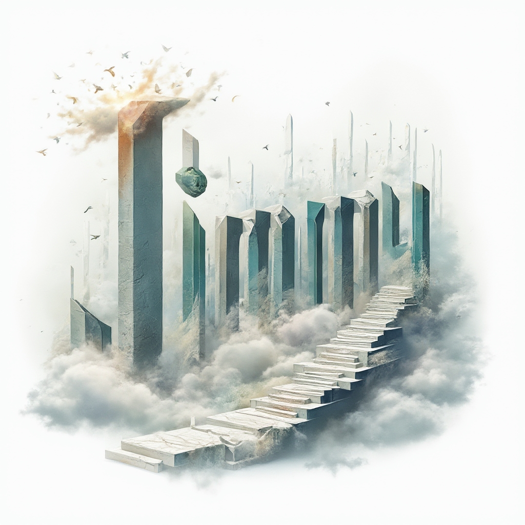 Surreal tattoo concept where the name jimmy is built from melting arches, floating obelisks, and twisting stairs on a white background.