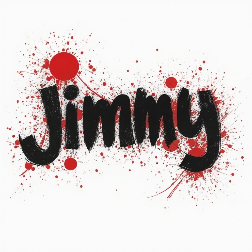 Trash Polka tattoo concept where the name jimmy is formed from bold black strokes, red shapes, and splattered textures on a white background.