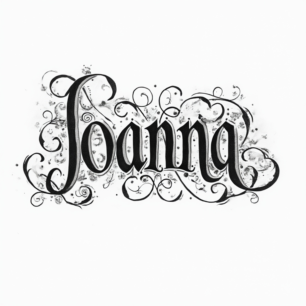 Ornamental tattoo concept of the name joanna with flowing black flourishes on a white background.