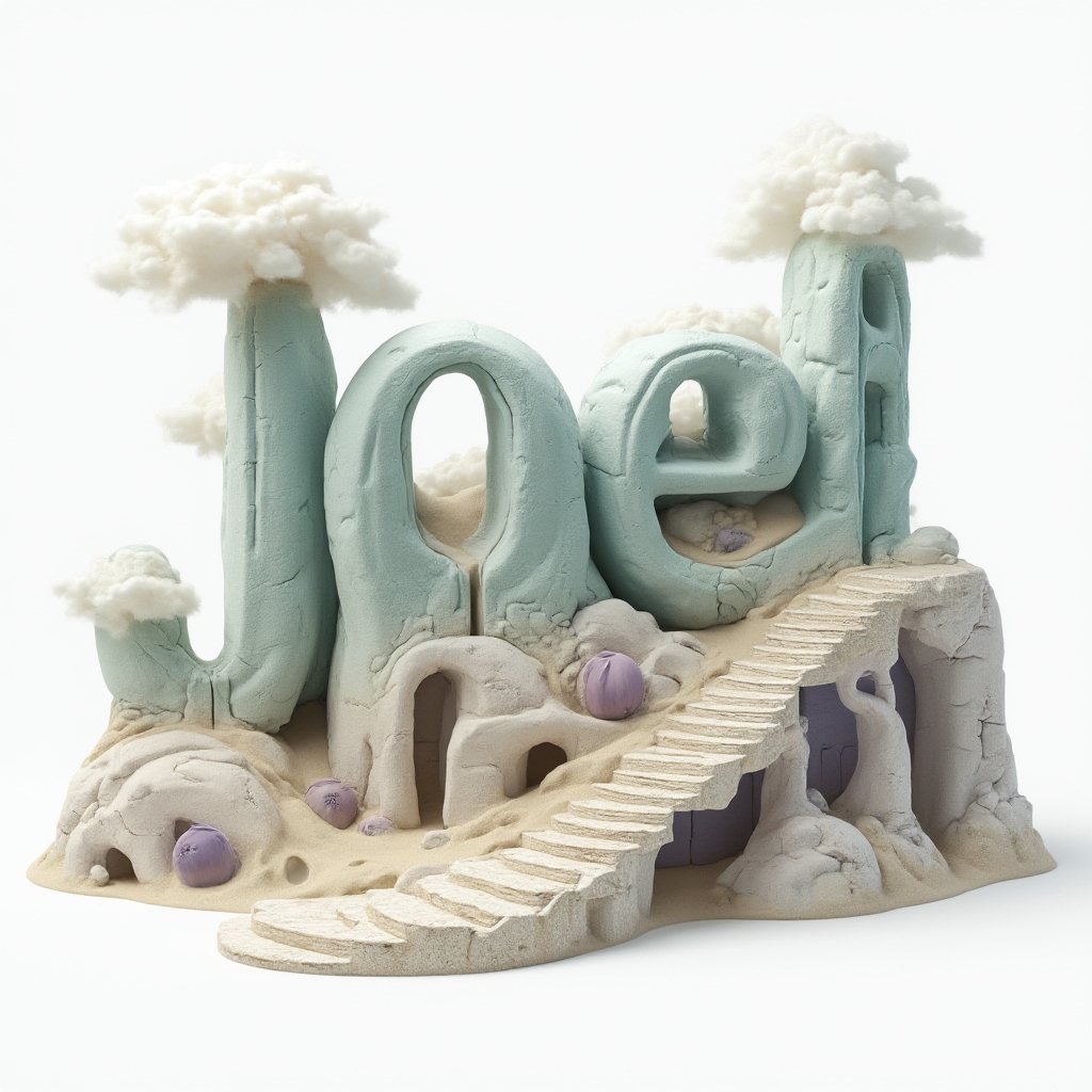 Surreal dreamscape tattoo design where the name joel is built from impossible architectural forms on a white background