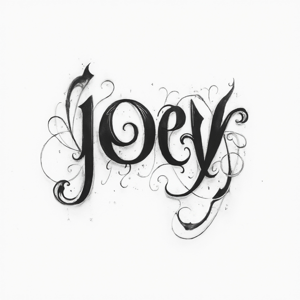 Elegant dimensional lettering tattoo concept where the name joey appears as flowing monochrome script on a white background.