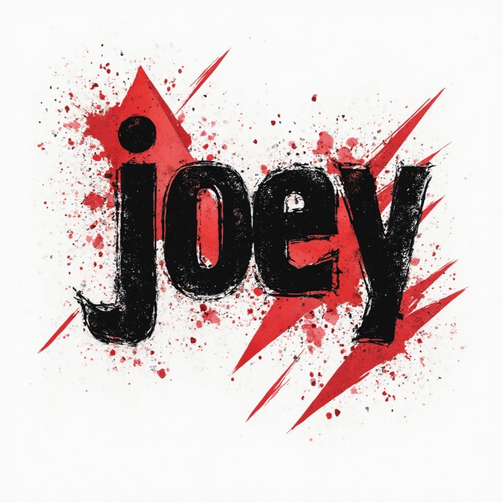 Trash Polka tattoo concept where the name joey appears in bold distressed black lettering with red blocks and splatters on white.