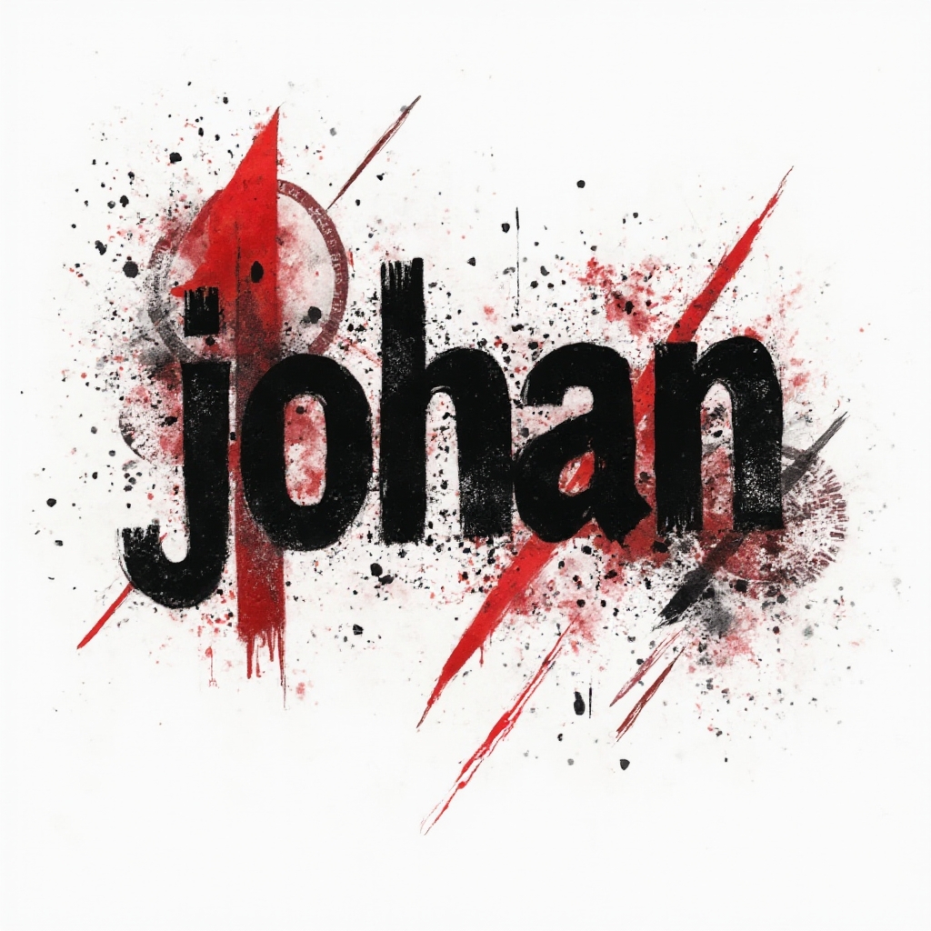 Trash Polka tattoo design of the name johan with distressed black lettering and vivid red geometric splashes on a white background