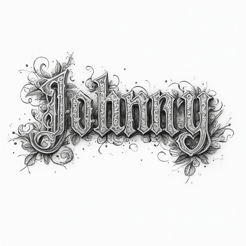 Ornamental black and grey tattoo concept where the name johnny is made of dense decorative letterforms on a white background