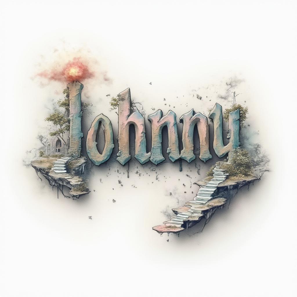 Surreal dreamscape tattoo design turning the name johnny into floating, melting letter structures on a white background