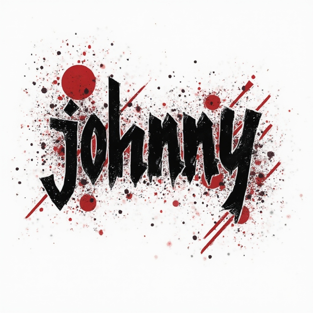 Trash Polka high-contrast tattoo design with the name johnny built from fragmented black and red graphic lettering on a white background