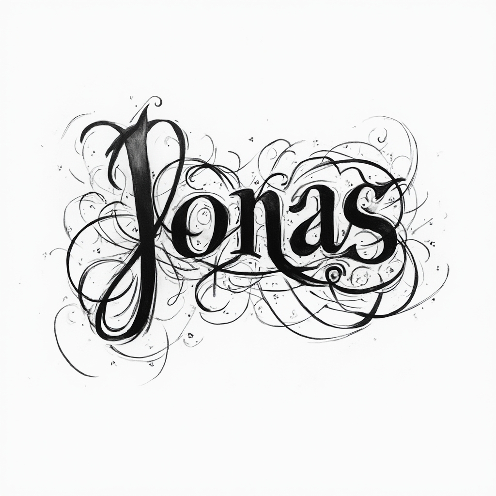 Abstract ornamental linework tattoo concept where flowing curves shape the name jonas on a white background.