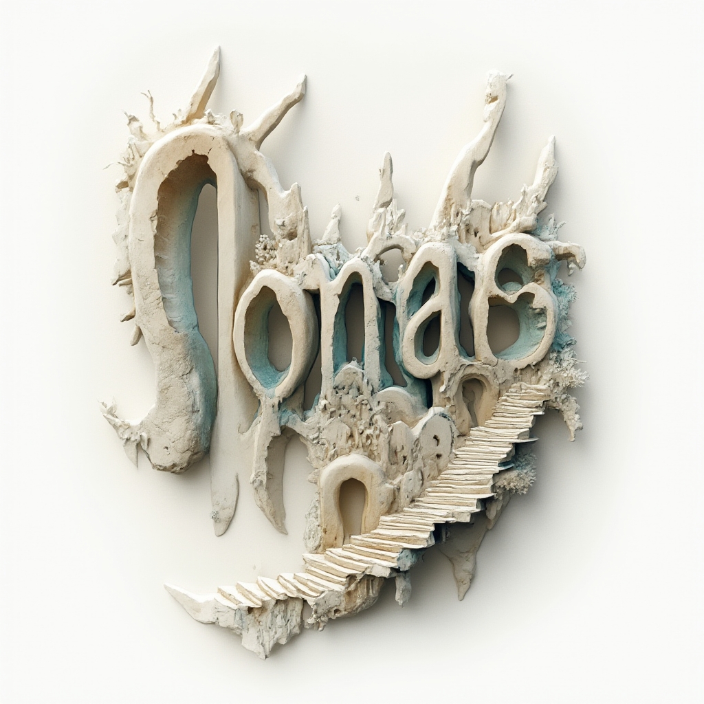 Surreal tattoo concept where abstract, floating architecture subtly forms the name jonas on a white background.